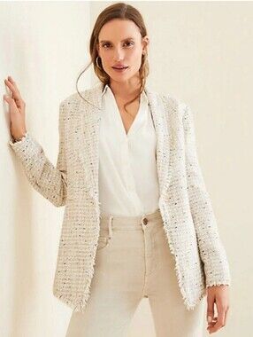 ANN TAYLOR Fringe Tweed Shawl Collar Jacket Ivory Neutral Quiet Luxury Size 4